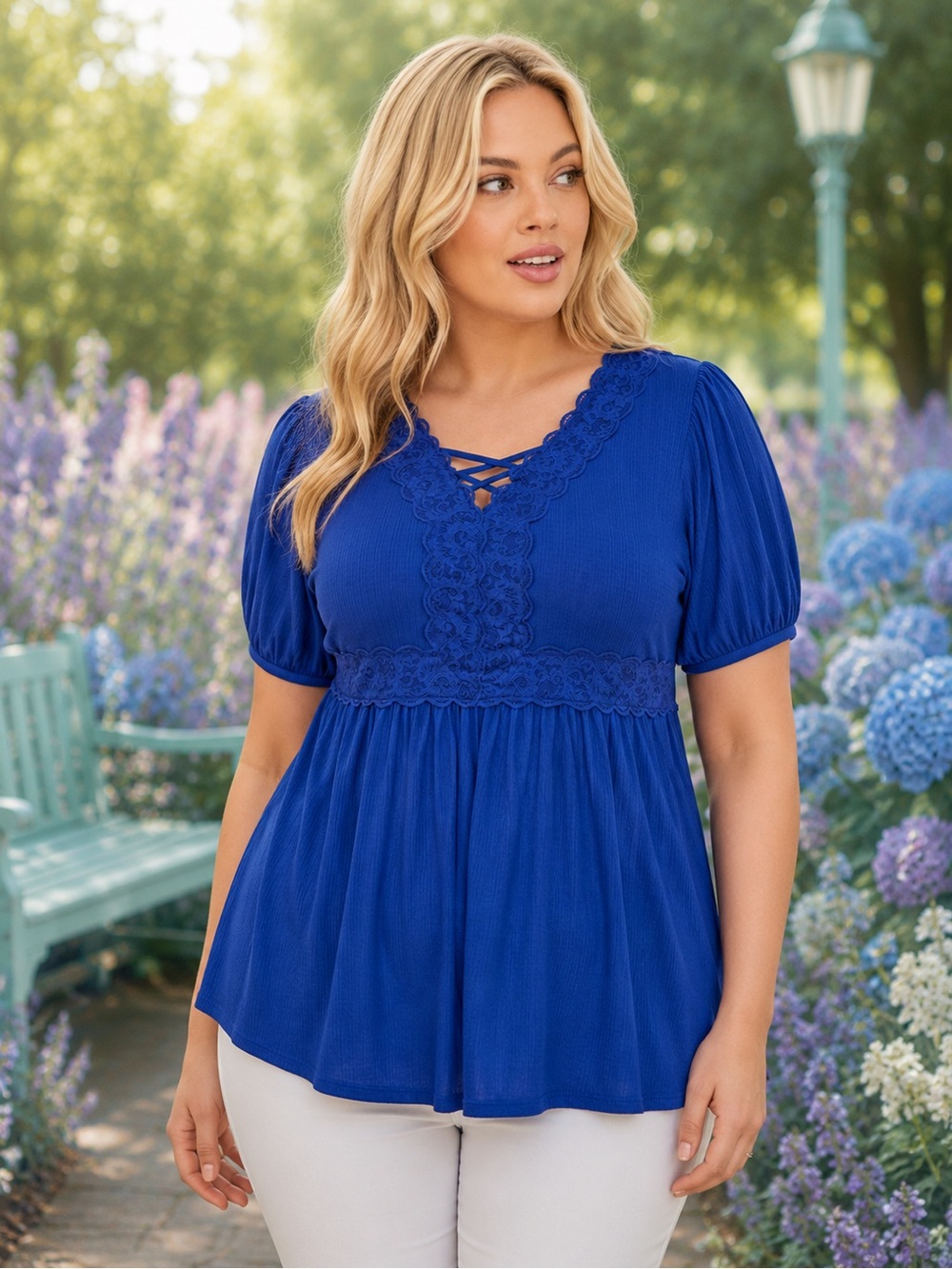 EUC Torrid Women's Short Sleeve Lace-Up Royal Blue Babydoll Blouse SZ 1X (14-16)